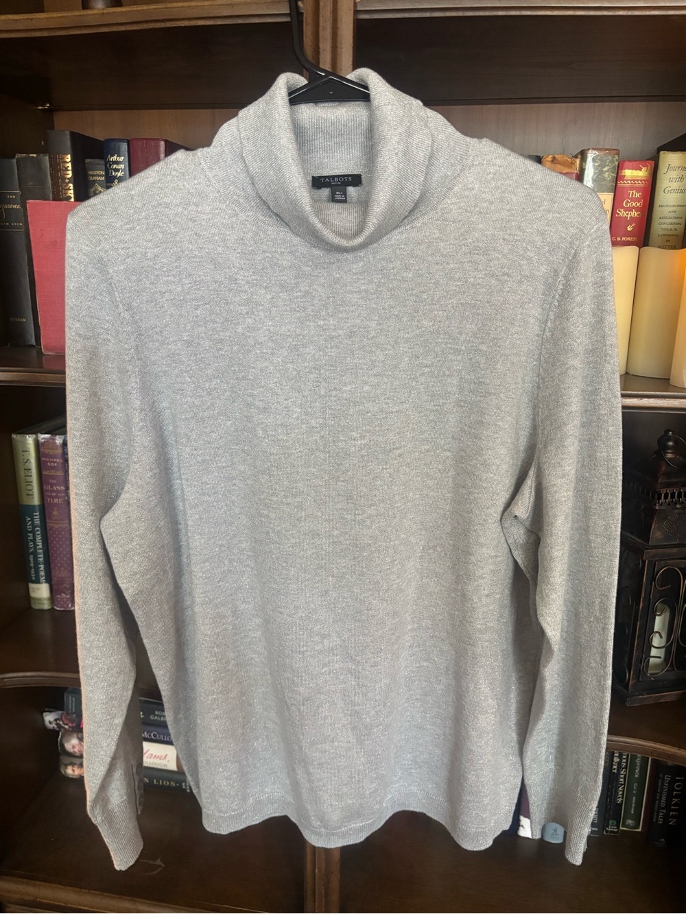 Talbots Light Gray Turtleneck Sweater; metallics, festive with cotton and wool